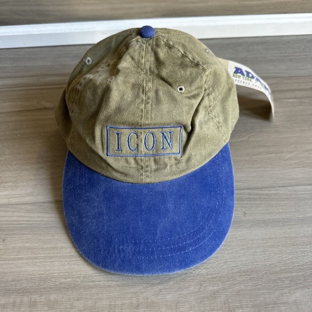 ICON Hat Cap‎ By Adams One Size Leather Strap Cotton Beige Tan Blue Vintage NWT